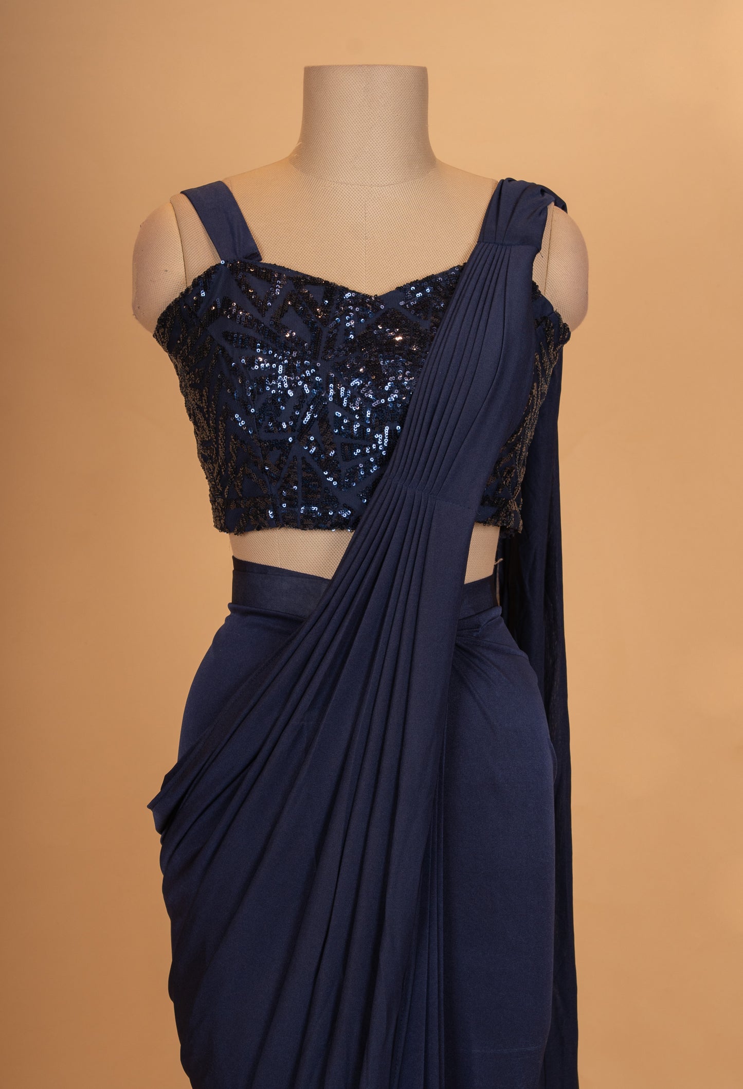 Navy Blue Sequin Blouse Saree with Draped Pleated Style