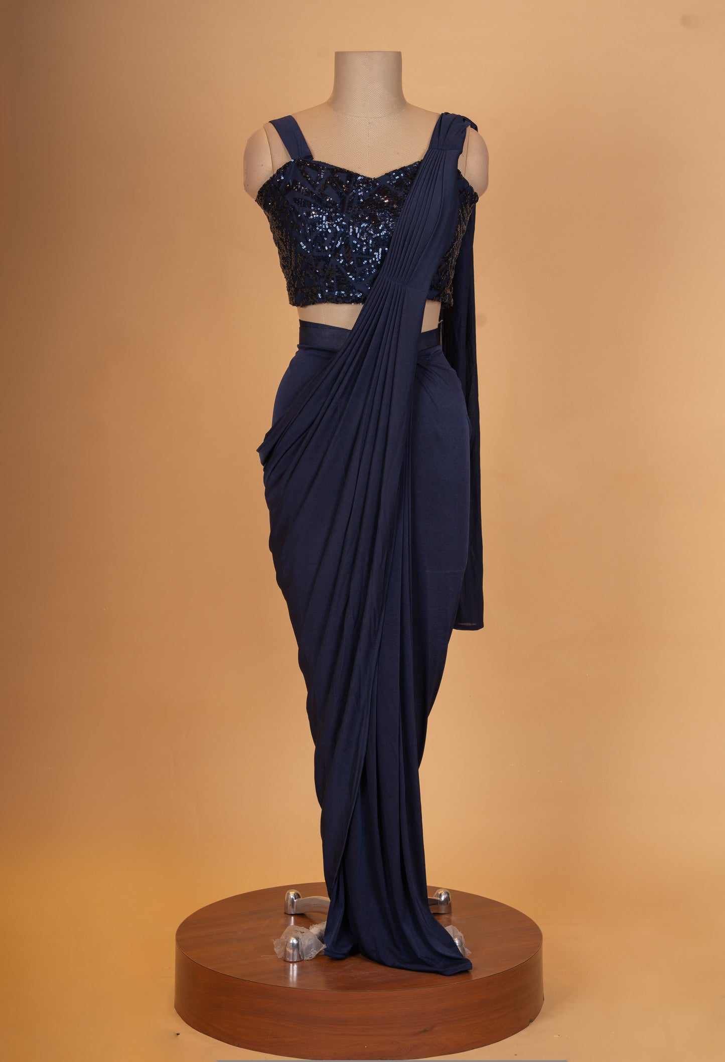 Navy Blue Sequin Blouse Saree with Draped Pleated Style