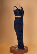 Navy Blue Sequin Blouse Saree with Draped Pleated Style