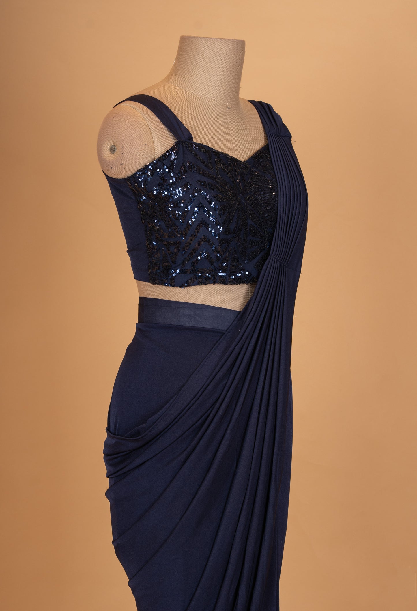 Navy Blue Sequin Blouse Saree with Draped Pleated Style