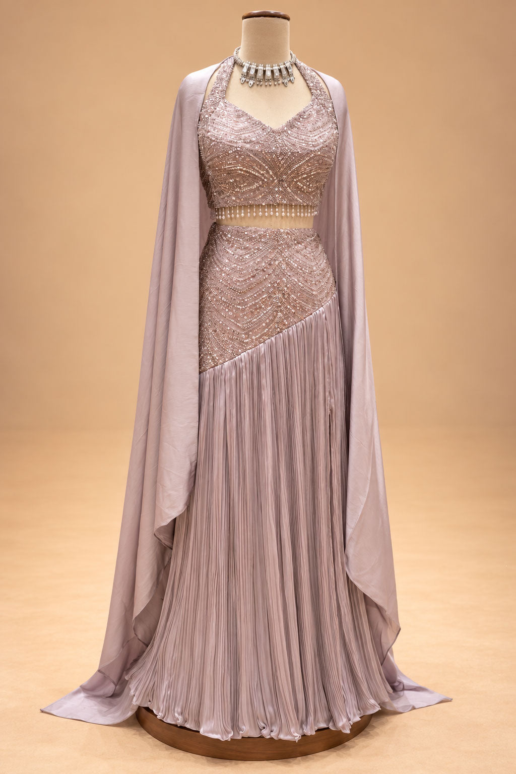 Elegant Dusty Mauve Embellished Designer Lehenga Set with Cape Dupatta