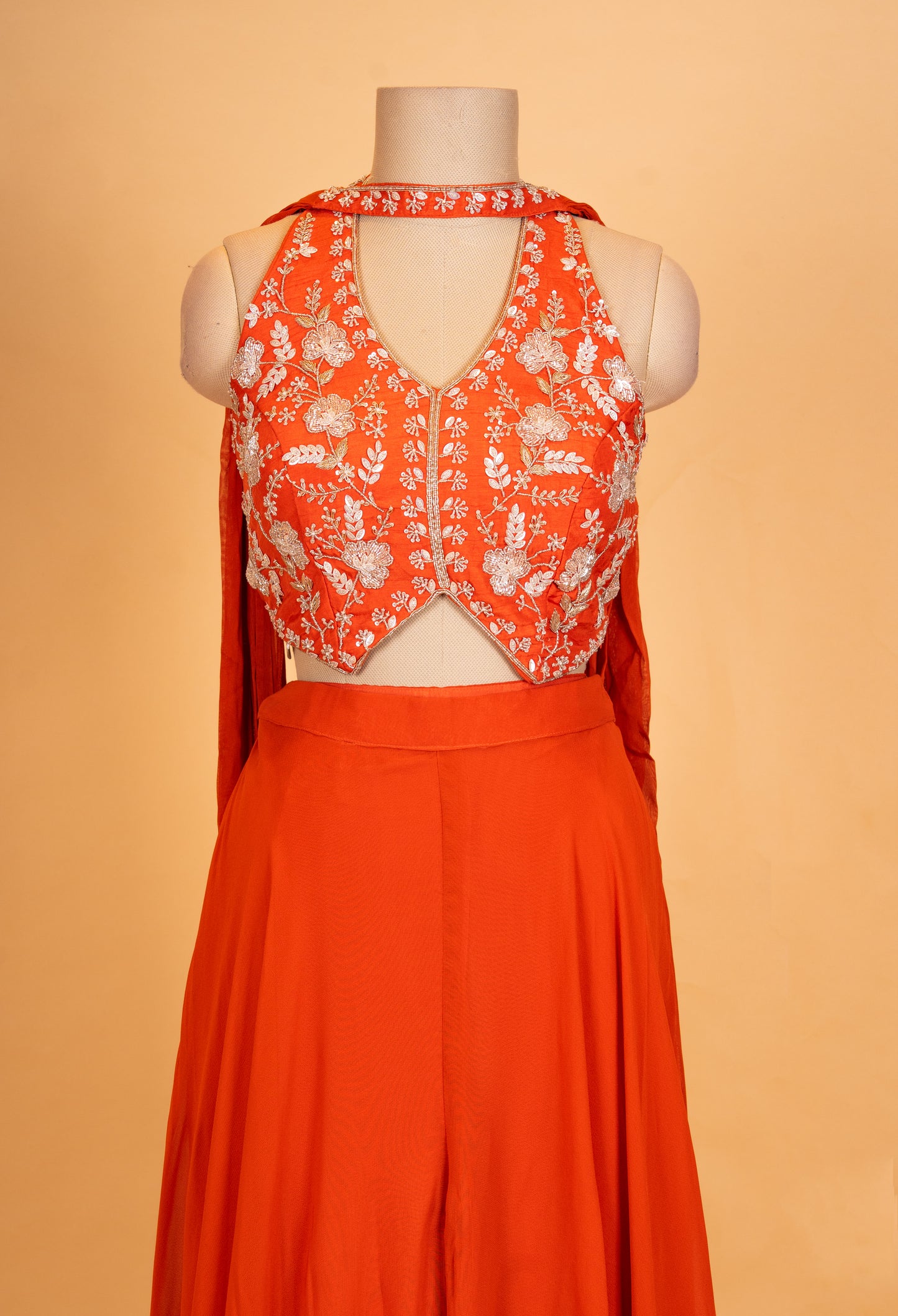 Elegant Orange Embroidered Crop Top & Flared Skirt Set with Dupatta