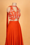 Elegant Orange Embroidered Crop Top & Flared Skirt Set with Dupatta