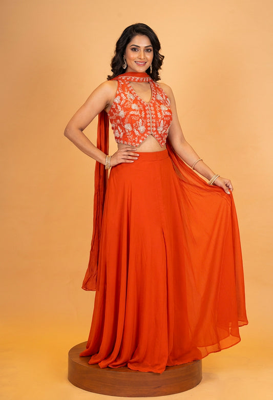 Elegant Orange Embroidered Crop Top & Flared Skirt Set with Dupatta