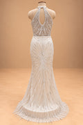 Elegant Ivory White Designer Mermaid Gown with Sequin & Bead Embellishments