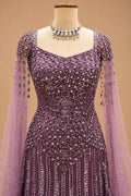 Elegant Dusty Mauve Designer Gown with Sequin Embroidery & Cape Sleeves
