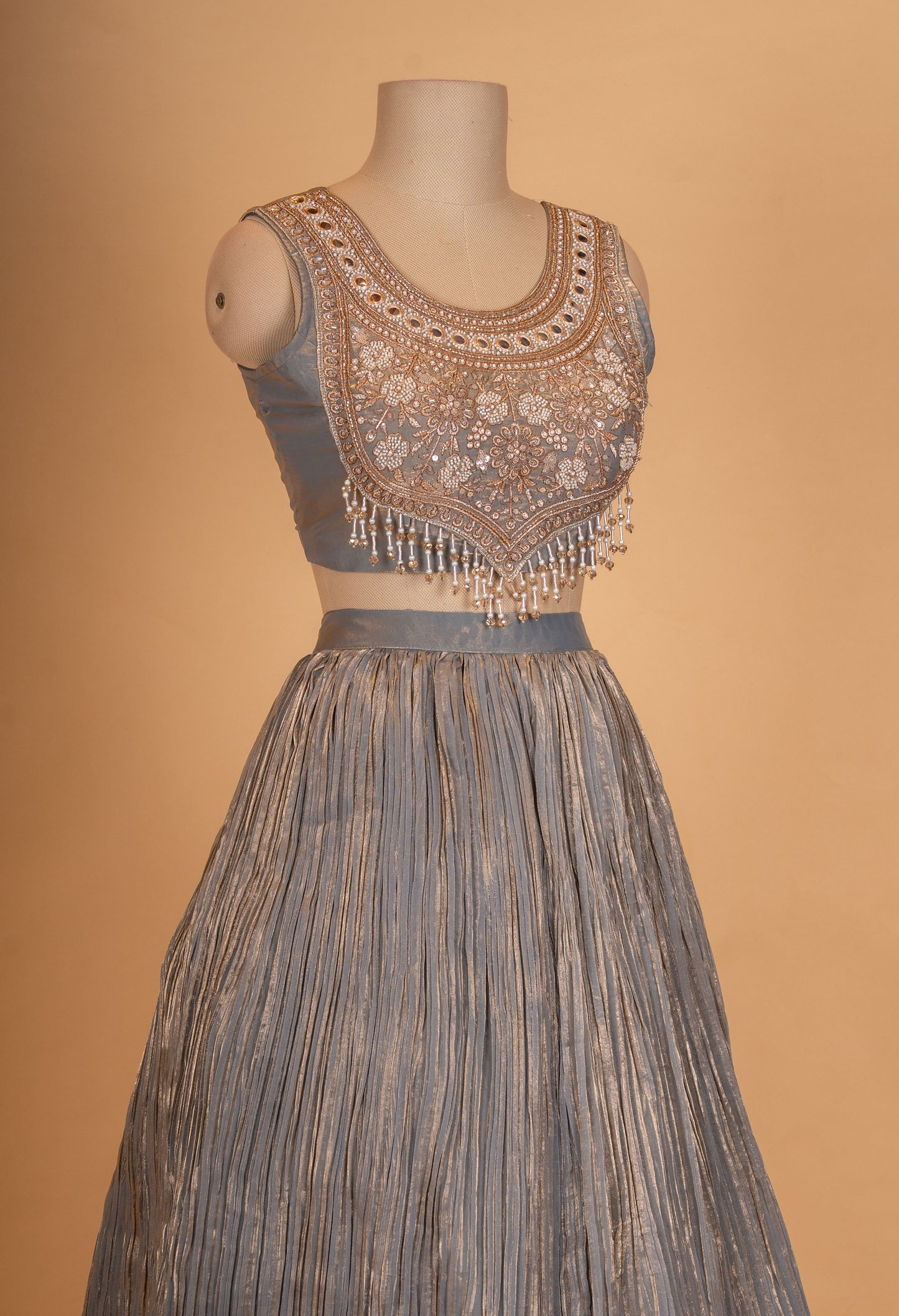 Luxury Grey Embroidered Lehenga Set with Cape-Style Dupatta