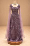 Elegant Dusty Mauve Designer Gown with Sequin Embroidery & Cape Sleeves