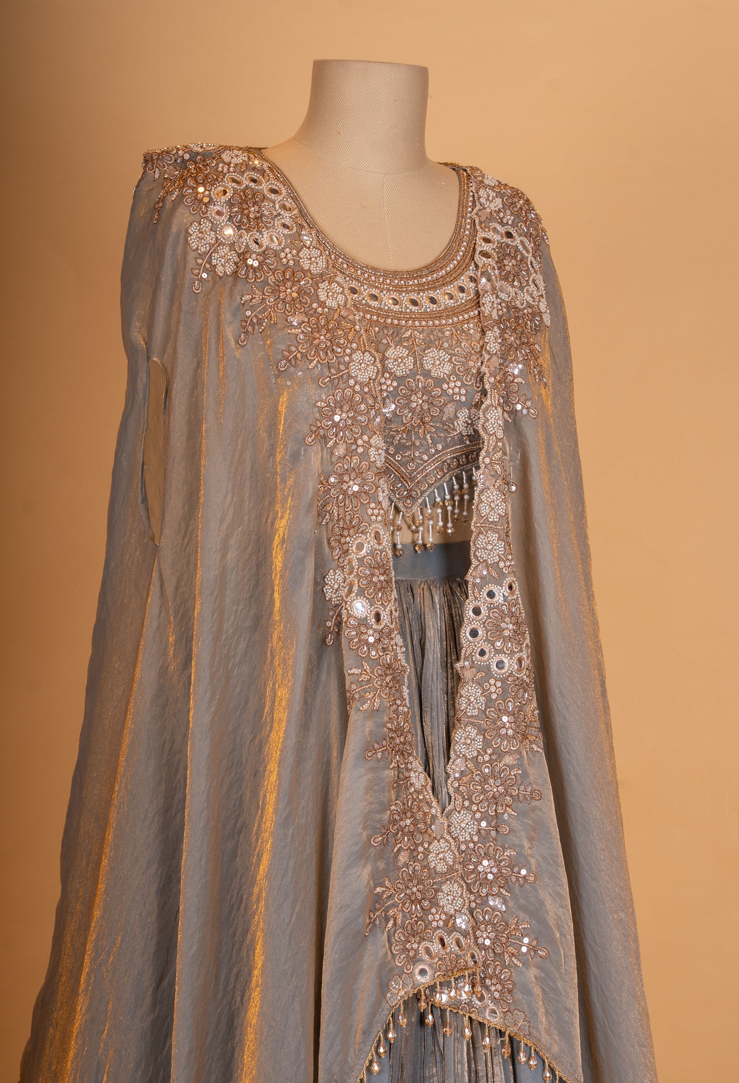 Luxury Grey Embroidered Lehenga Set with Cape-Style Dupatta
