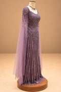 Elegant Dusty Mauve Designer Gown with Sequin Embroidery & Cape Sleeves