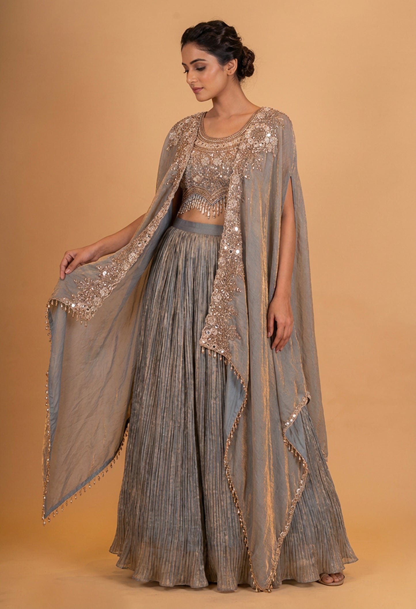 Luxury Grey Embroidered Lehenga Set with Cape-Style Dupatta