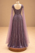 Elegant Dusty Mauve Designer Gown with Sequin Embroidery & Cape Sleeves