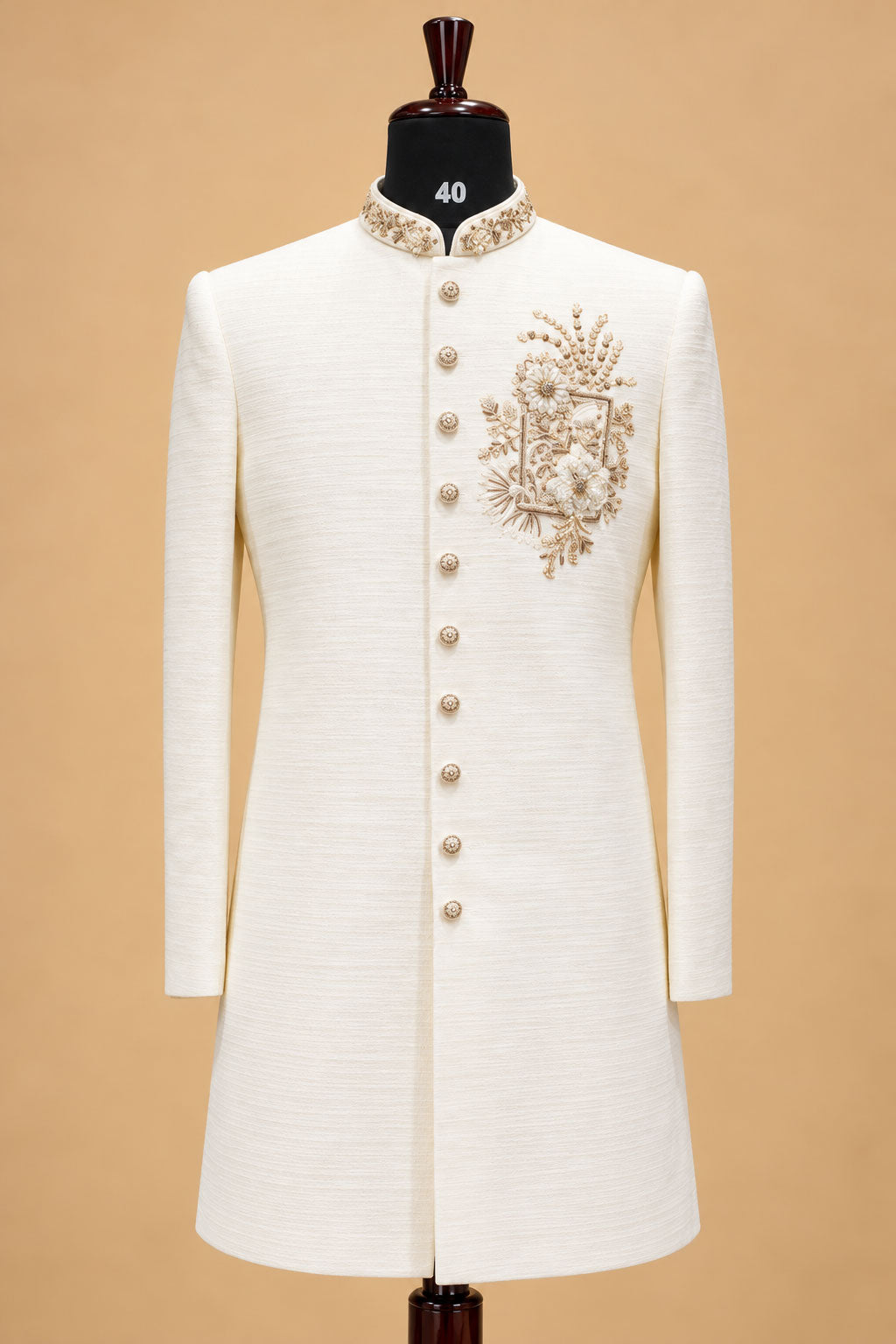 Men's Premium Ivory Sherwani with Gold Floral Embroidery for Weddings