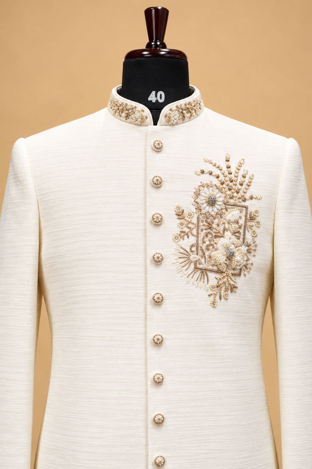 Men's Premium Ivory Sherwani with Gold Floral Embroidery for Weddings