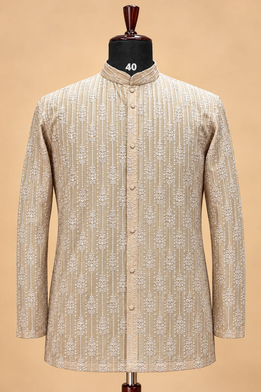 Men's Premium Beige Embroidered Indo-Western Sherwani Set for Weddings