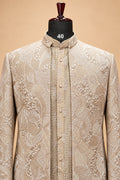 Men's Premium Beige Embroidered Indo-Western Sherwani Set for Weddings