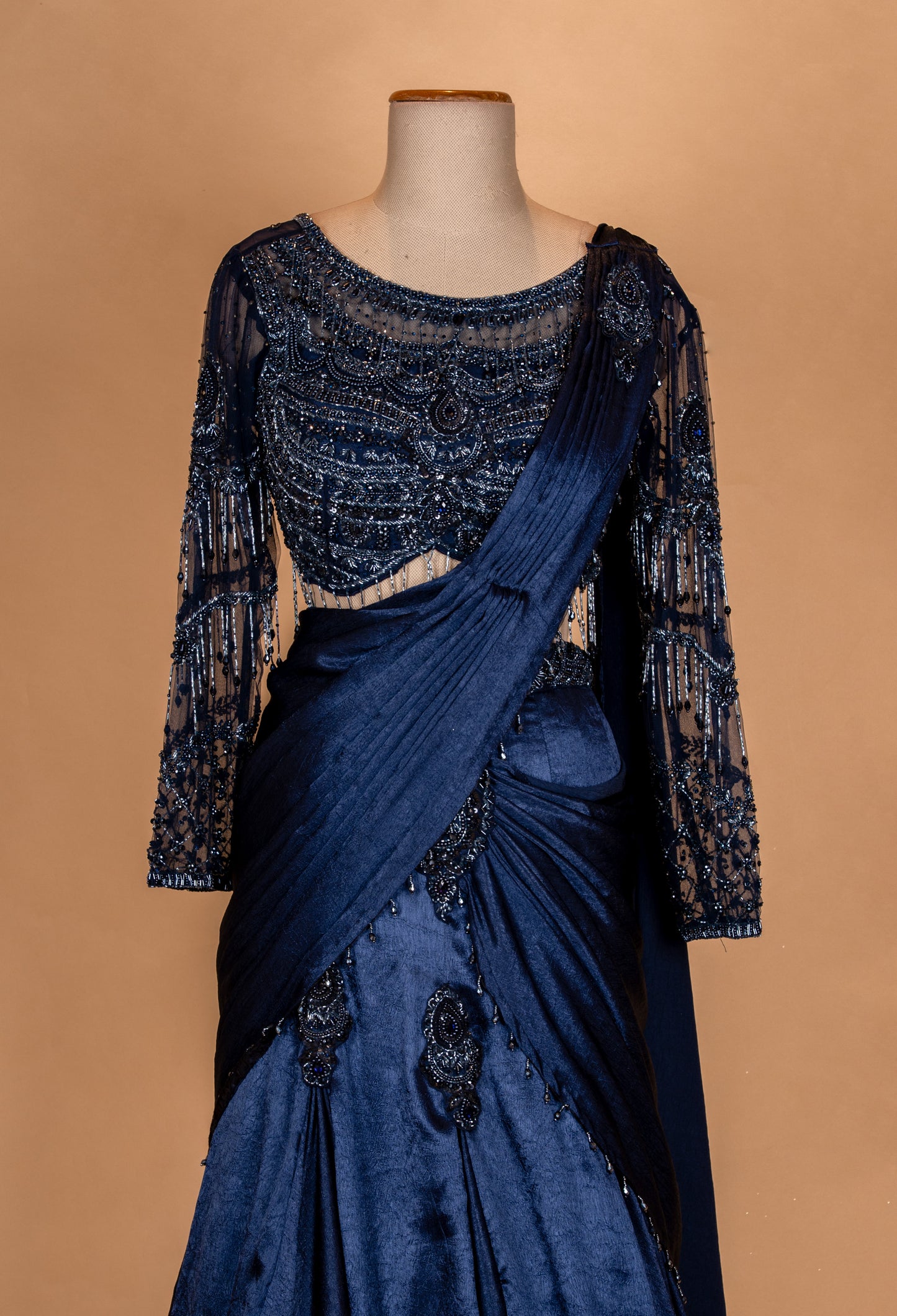 Navy Blue Embellished Drape Lehenga Set with Sheer Blouse