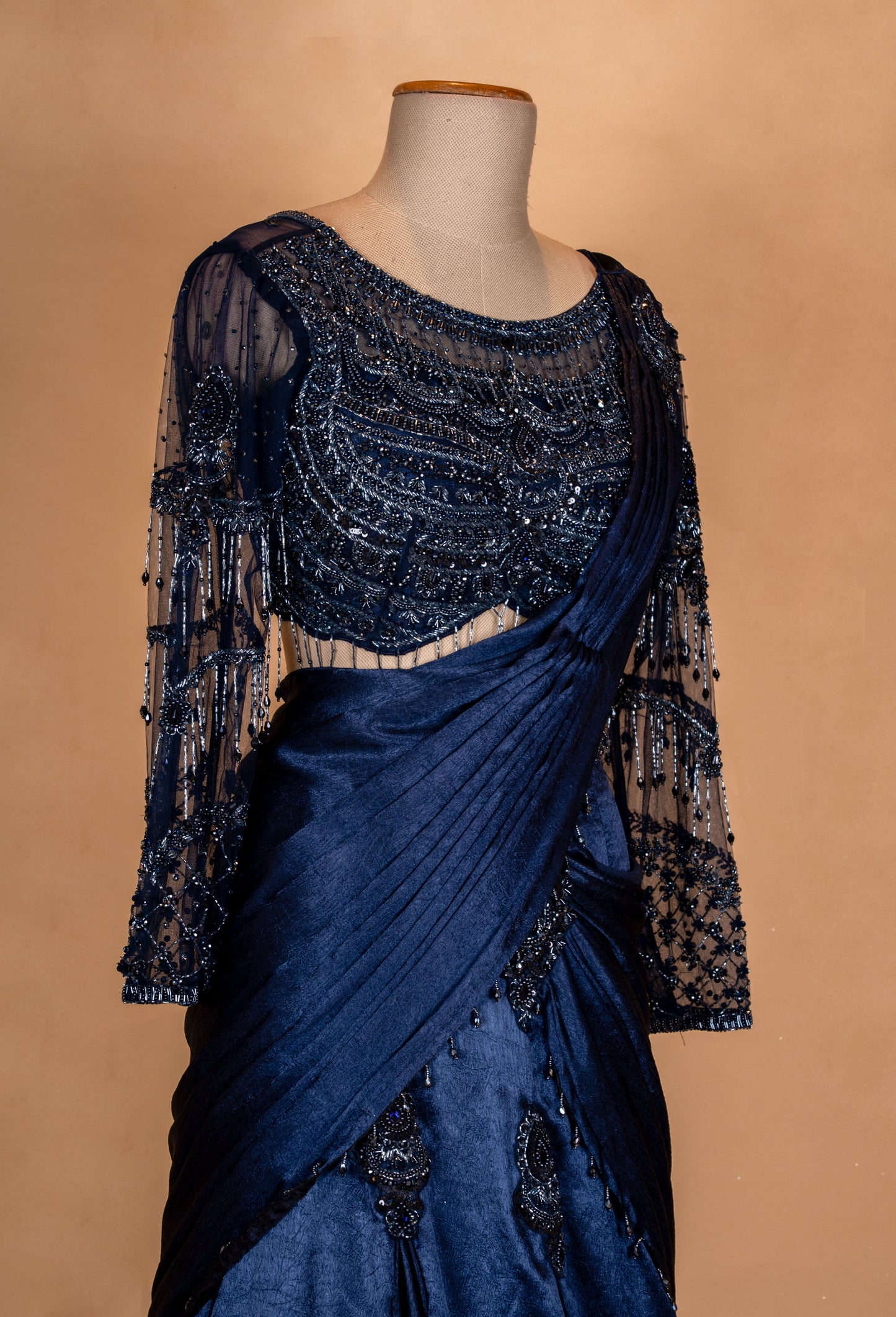 Navy Blue Embellished Drape Lehenga Set with Sheer Blouse