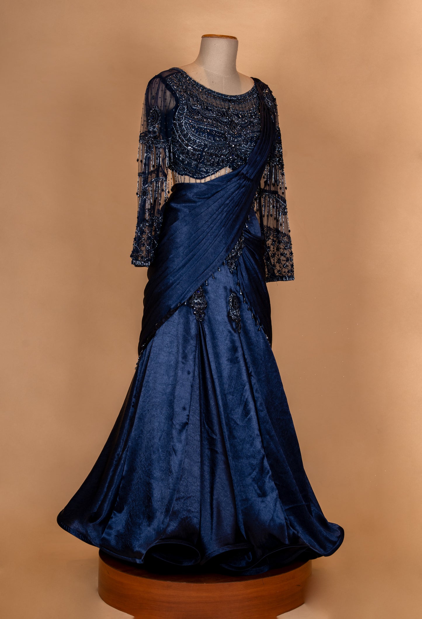 Navy Blue Embellished Drape Lehenga Set with Sheer Blouse