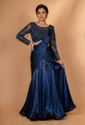 Navy Blue Embellished Drape Lehenga Set with Sheer Blouse