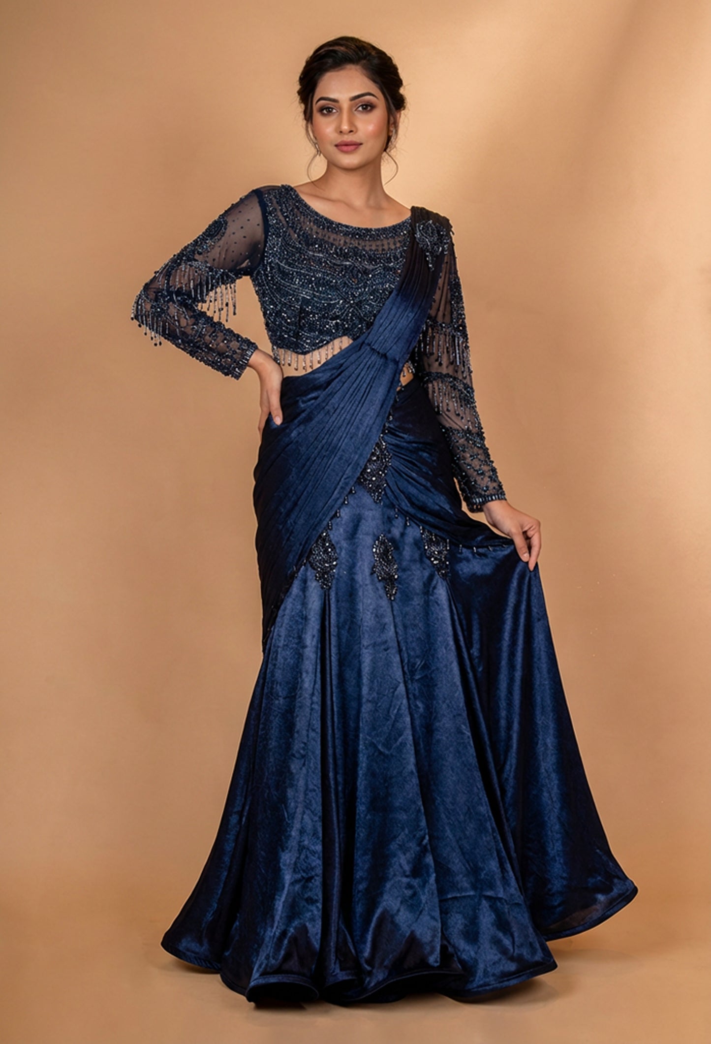 Navy Blue Embellished Drape Lehenga Set with Sheer Blouse
