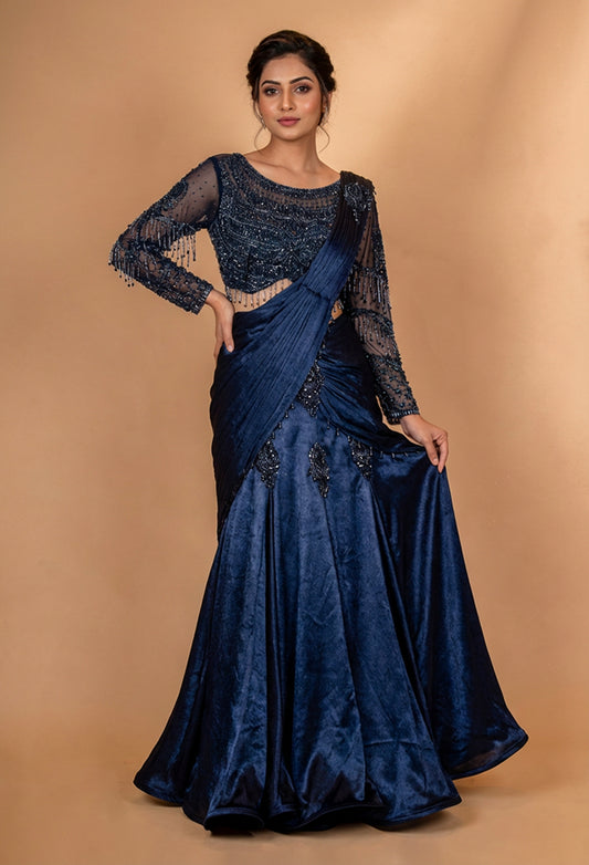 Navy Blue Embellished Drape Lehenga Set with Sheer Blouse