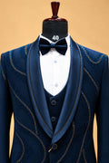 Men's Premium Navy Blue Embellished Three-Piece Tuxedo Suit for Weddings & Receptions