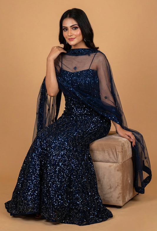 Midnight Blue Sequin Embellished Evening Gown with Sheer Dupatta