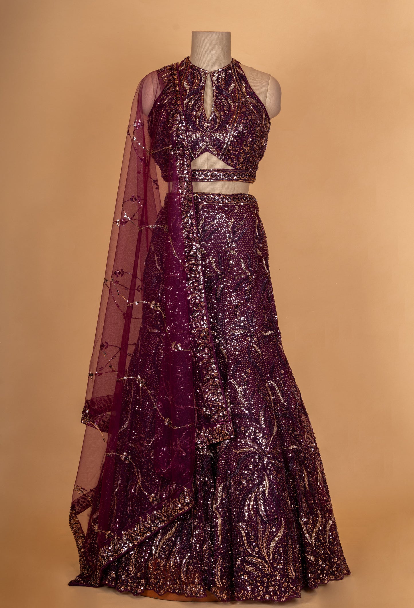 Wine Purple Sequin Embroidered Lehenga Set with Dupatta