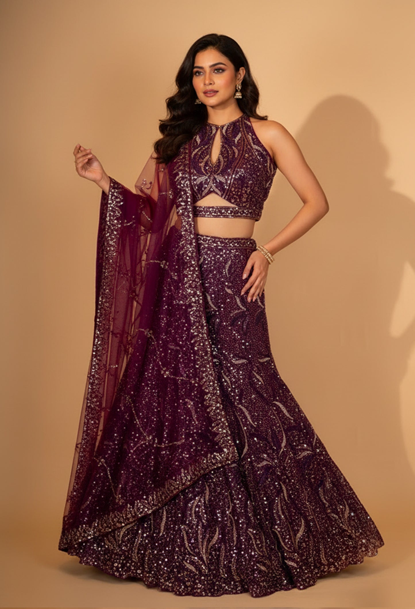 Wine Purple Sequin Embroidered Lehenga Set with Dupatta