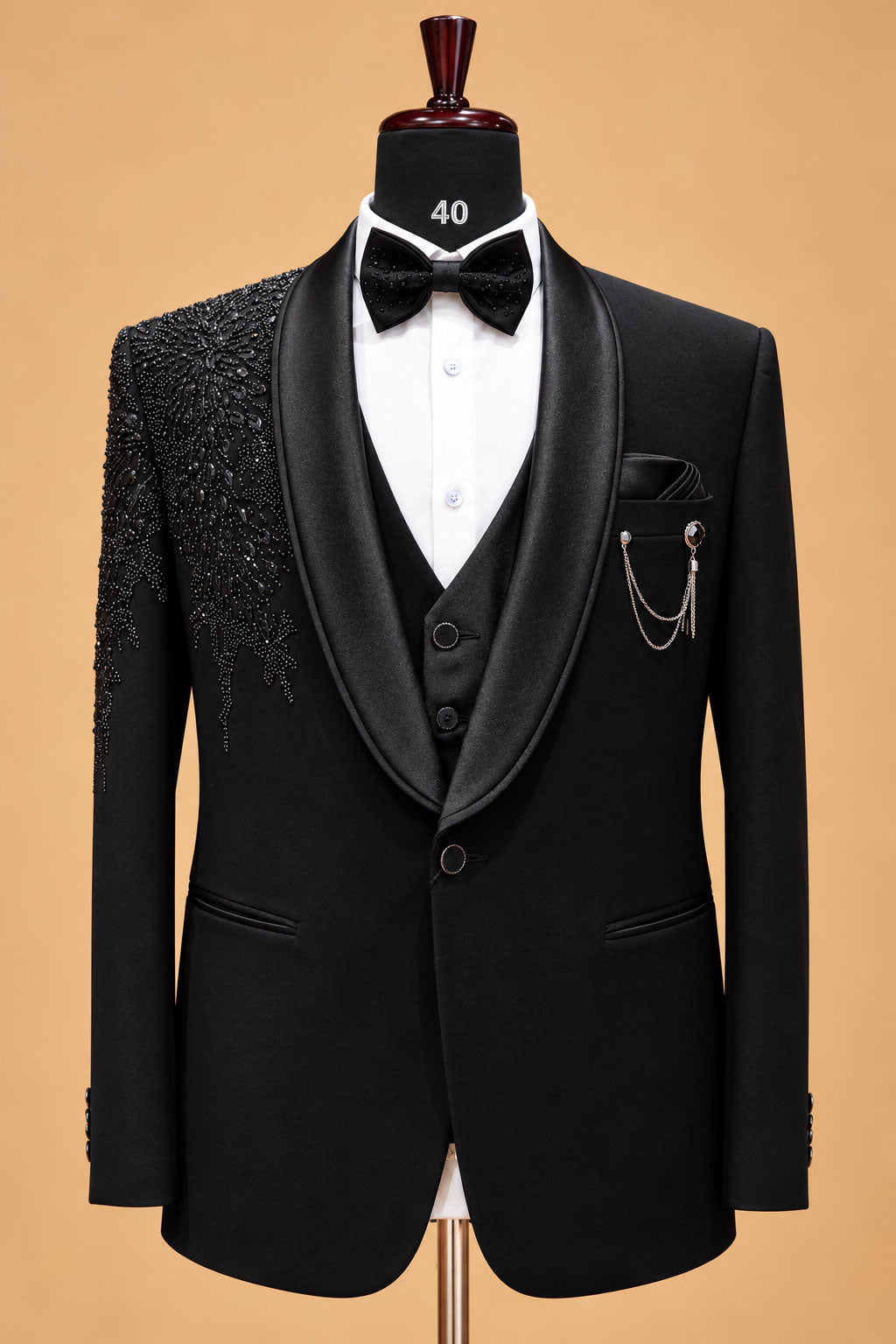 Men's Premium Black Embellished Three-Piece Tuxedo Suit for Weddings & Receptions