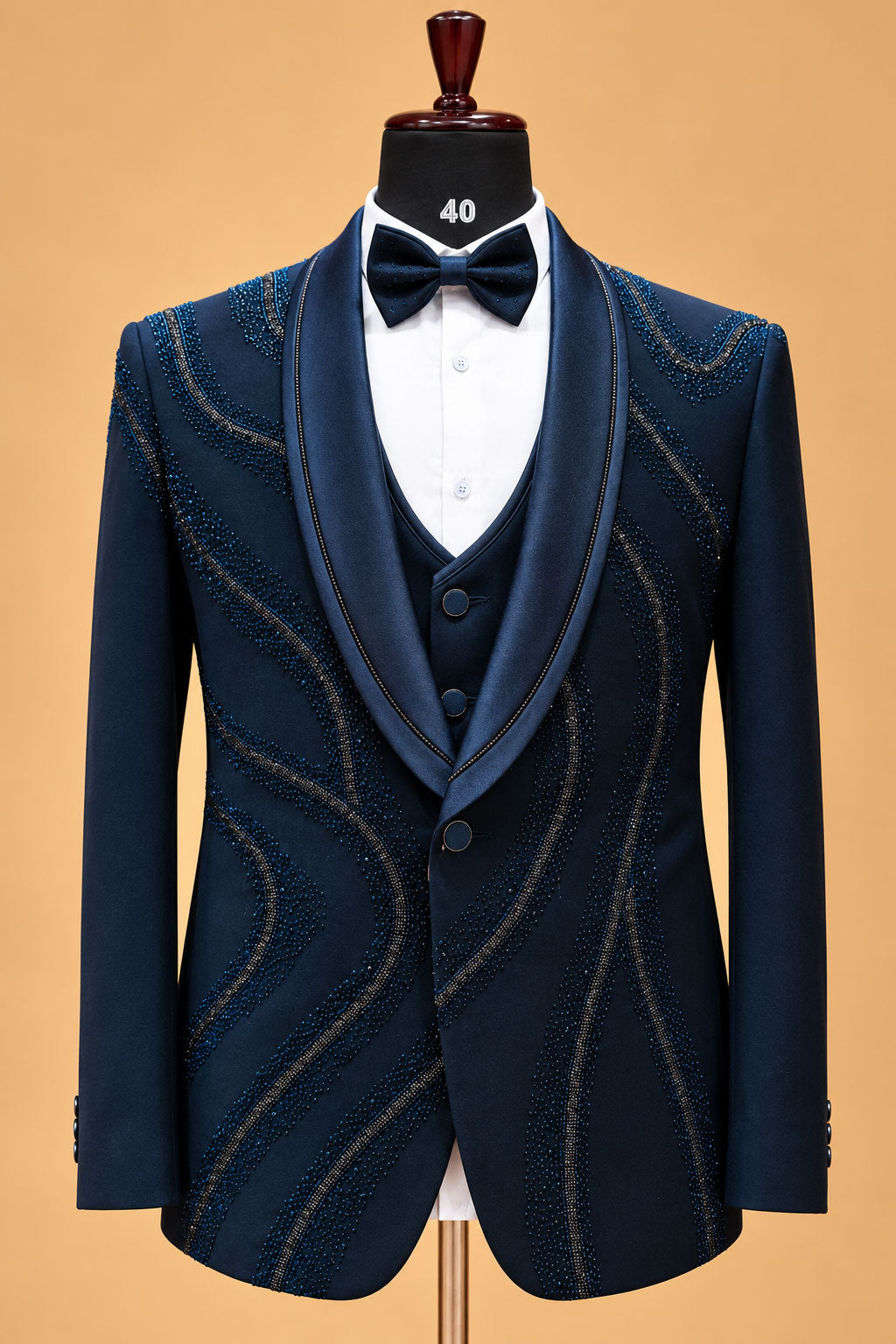 Men's Premium Navy Blue Embellished Three-Piece Tuxedo Suit for Weddings & Receptions