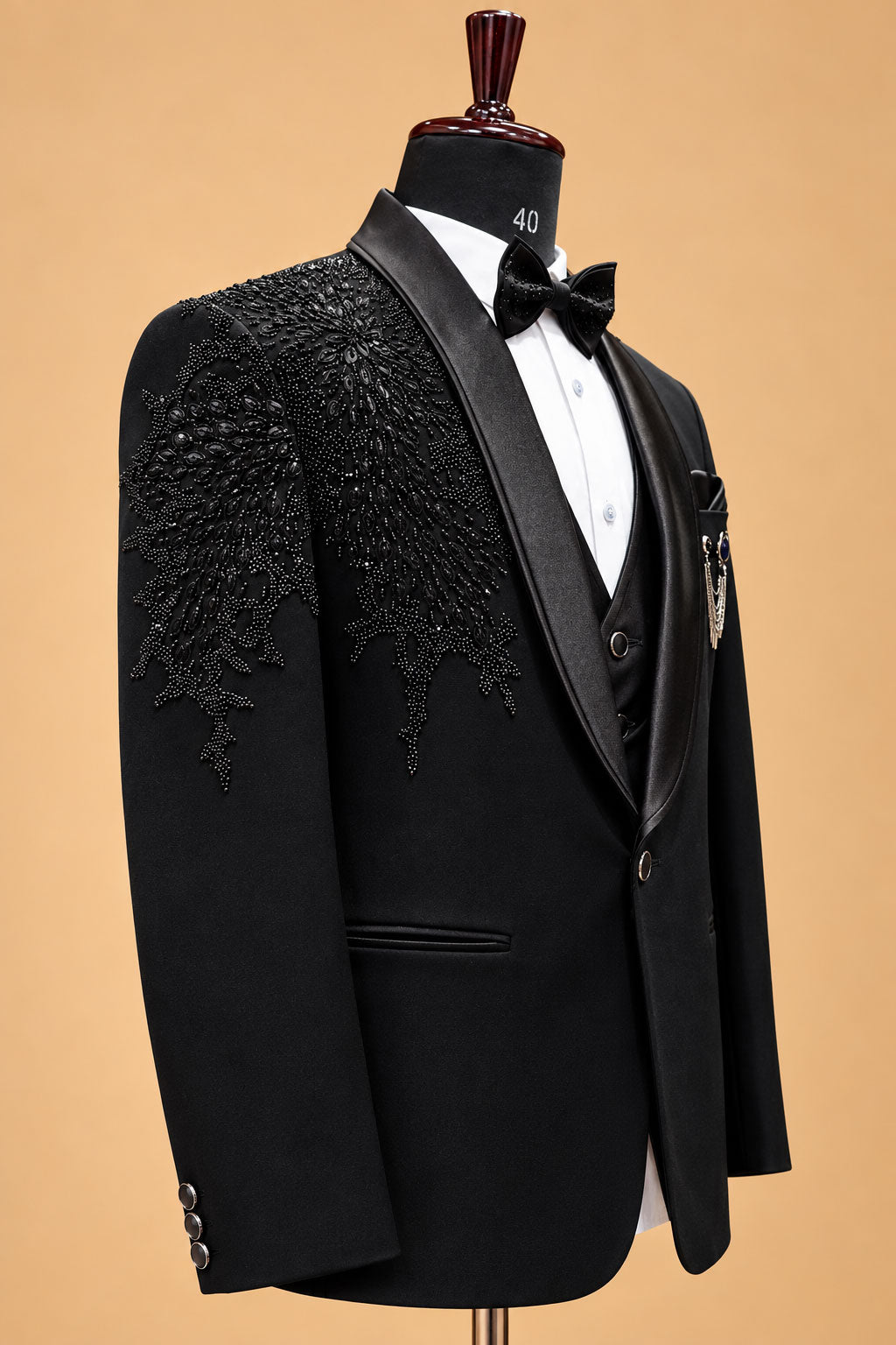 Men's Premium Black Embellished Three-Piece Tuxedo Suit for Weddings & Receptions