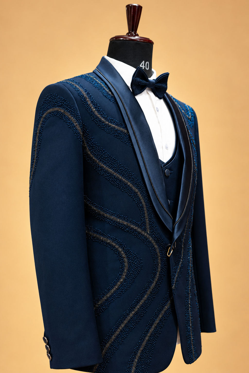 Men's Premium Navy Blue Embellished Three-Piece Tuxedo Suit for Weddings & Receptions