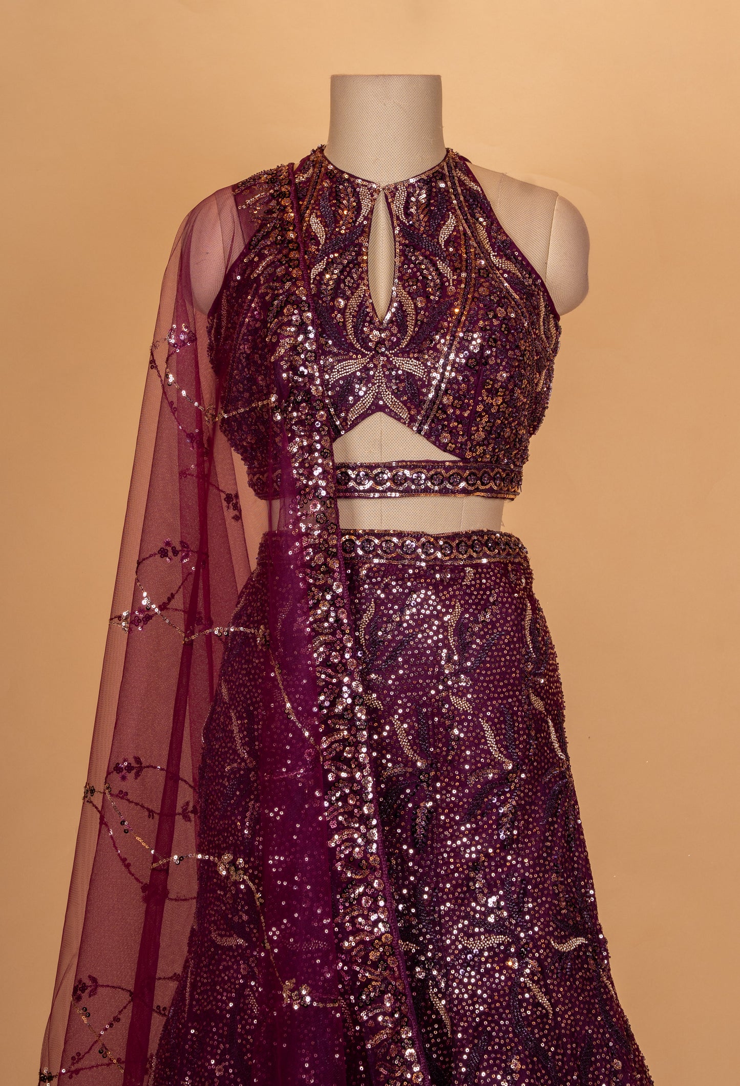 Wine Purple Sequin Embroidered Lehenga Set with Dupatta