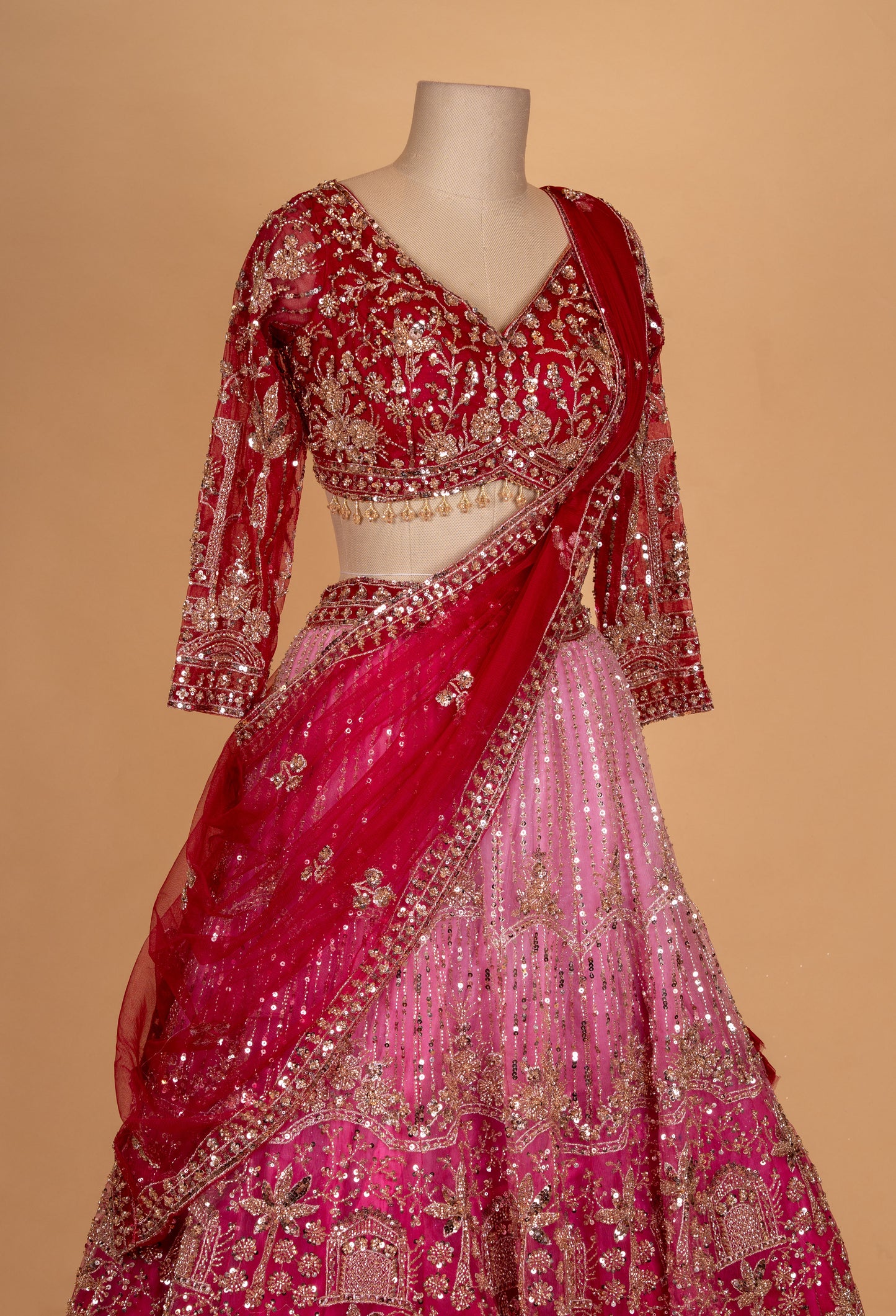 Red & Pink Bridal Embroidered Lehenga Set with Net Dupatta