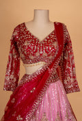 Red & Pink Bridal Embroidered Lehenga Set with Net Dupatta