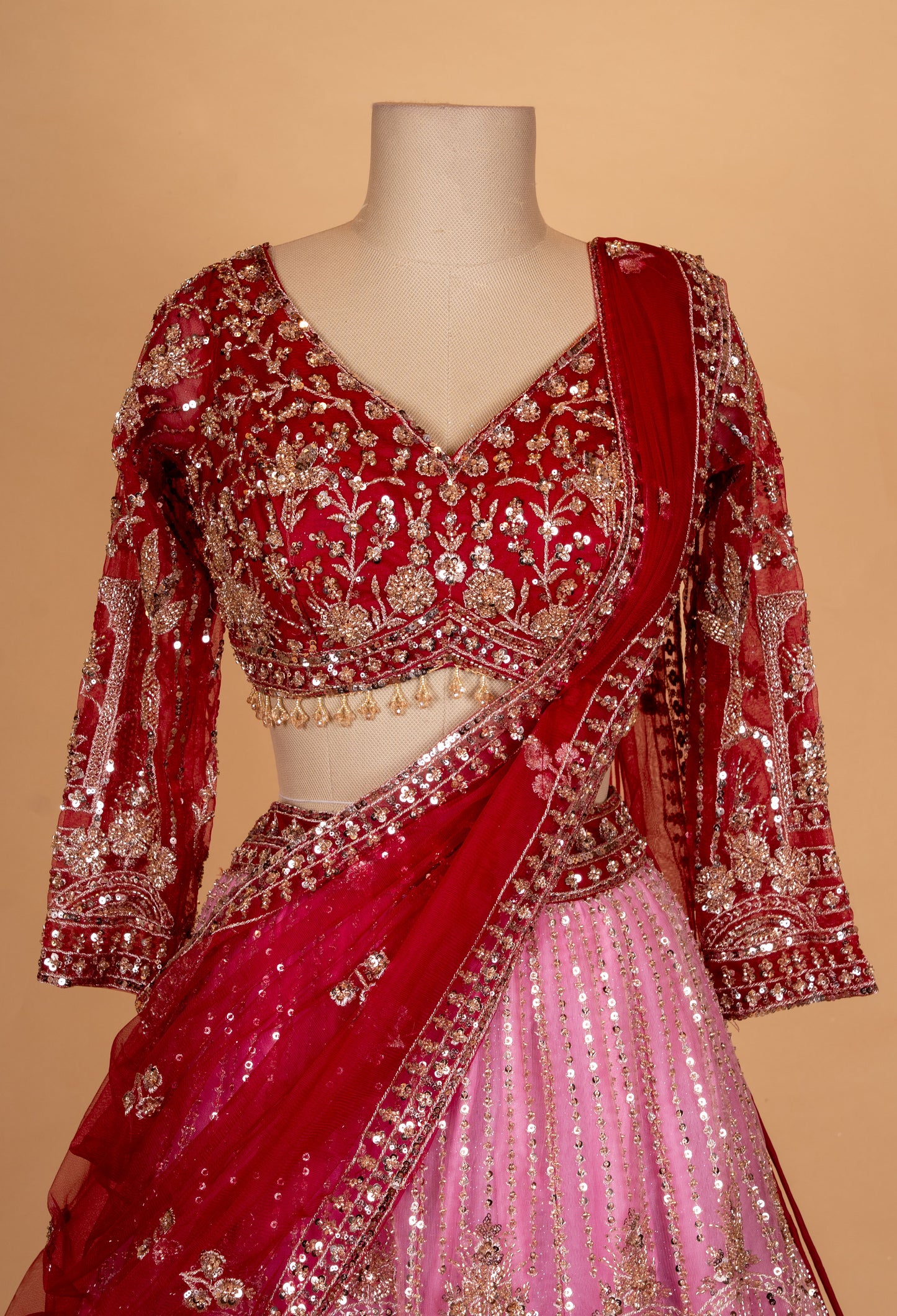 Red & Pink Bridal Embroidered Lehenga Set with Net Dupatta