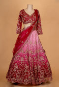 Red & Pink Bridal Embroidered Lehenga Set with Net Dupatta