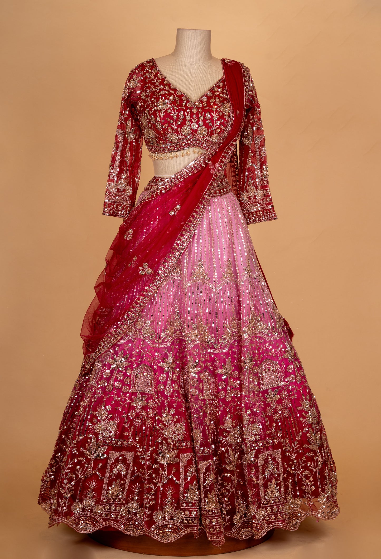 Red & Pink Bridal Embroidered Lehenga Set with Net Dupatta