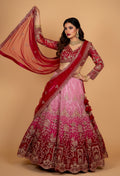 Red & Pink Bridal Embroidered Lehenga Set with Net Dupatta