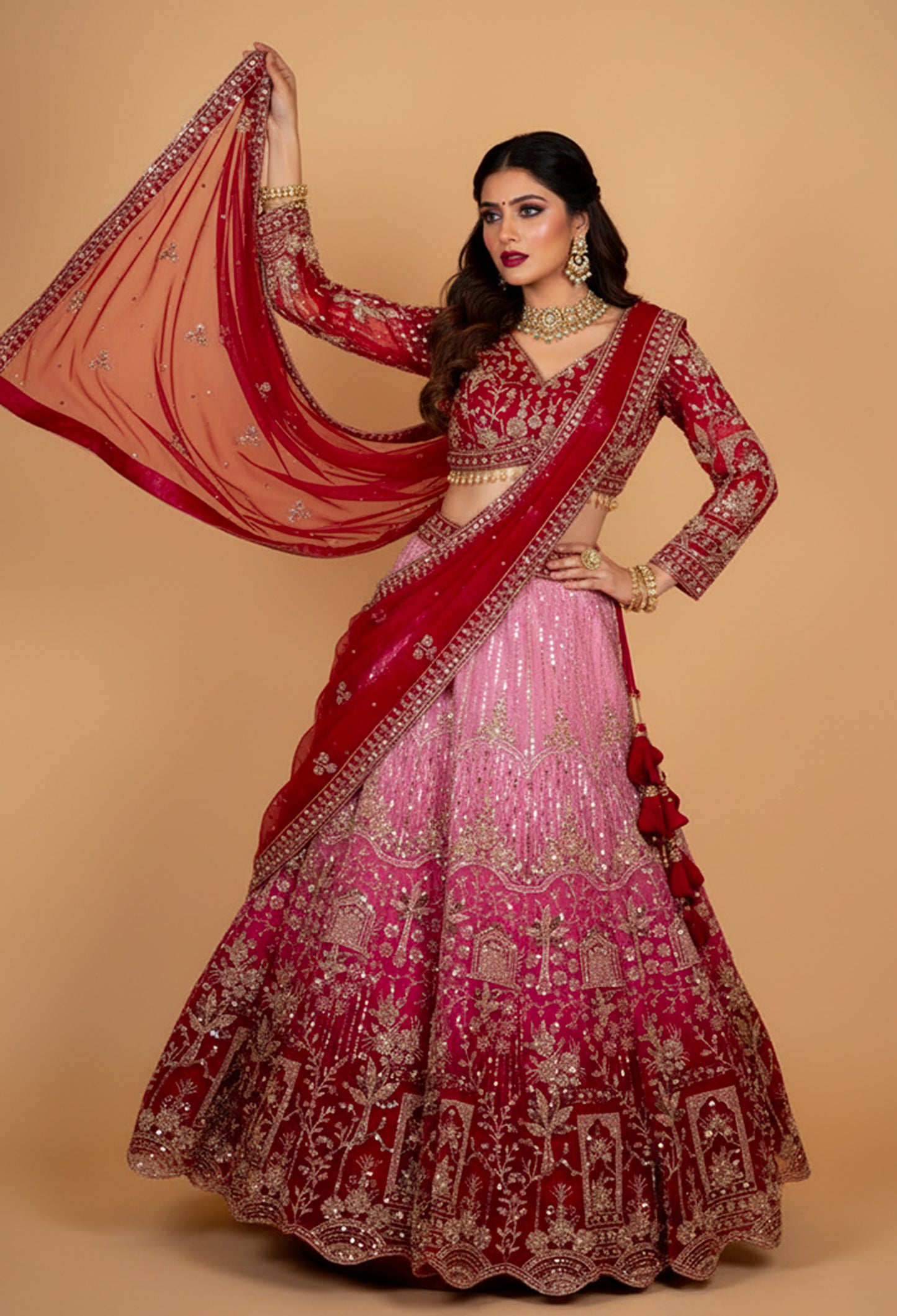 Red & Pink Bridal Embroidered Lehenga Set with Net Dupatta