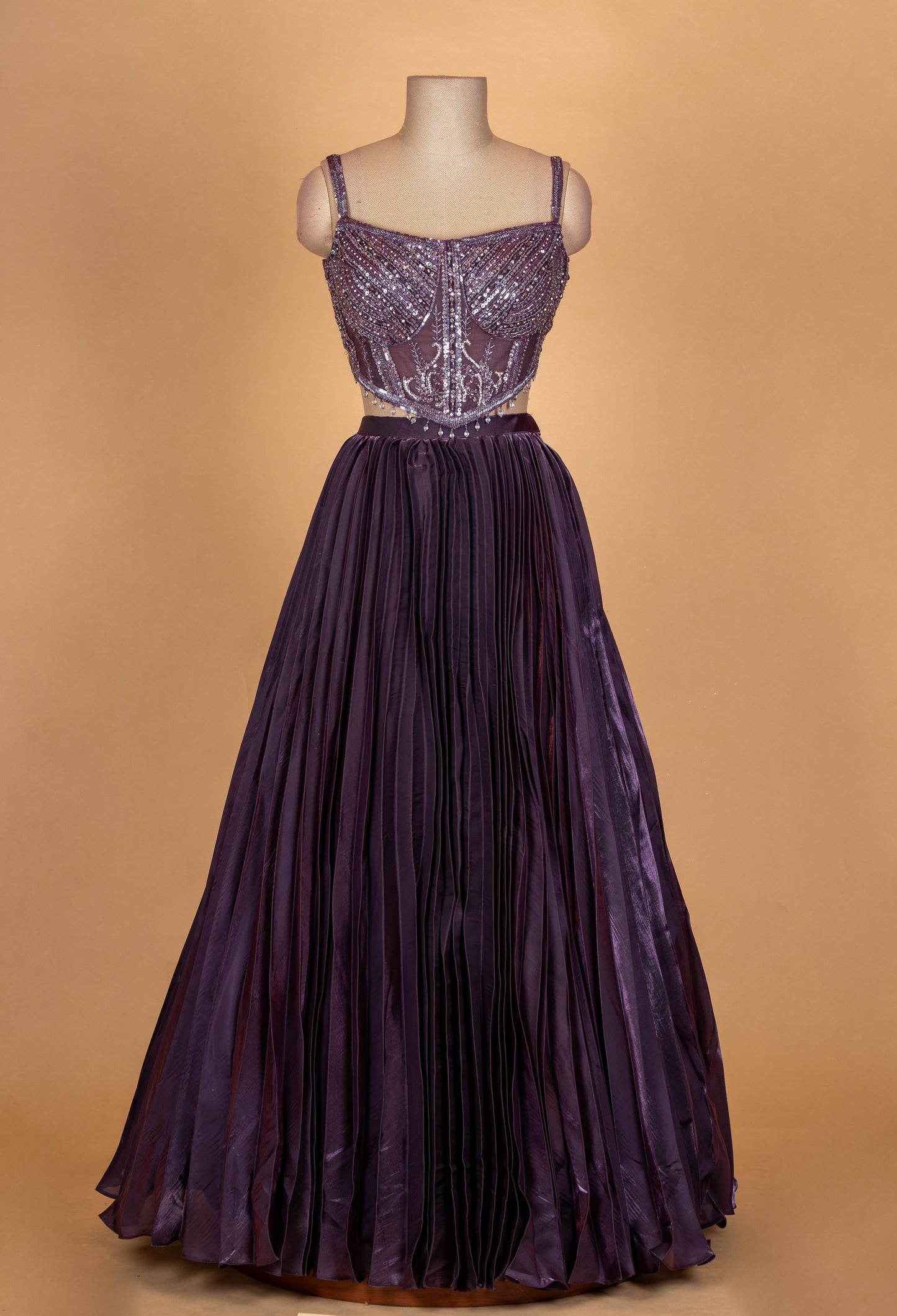 Deep Plum Embellished Crop Top Lehenga Set with Cape Sleeves
