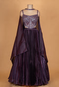 Deep Plum Embellished Crop Top Lehenga Set with Cape Sleeves