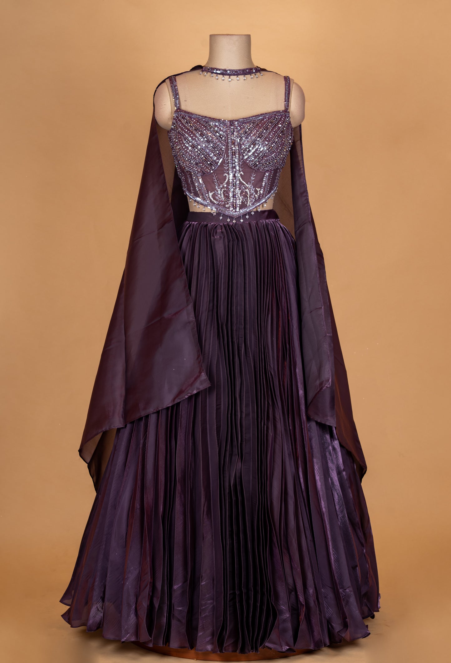 Deep Plum Embellished Crop Top Lehenga Set with Cape Sleeves