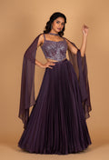 Deep Plum Embellished Crop Top Lehenga Set with Cape Sleeves