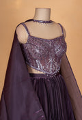 Deep Plum Embellished Crop Top Lehenga Set with Cape Sleeves