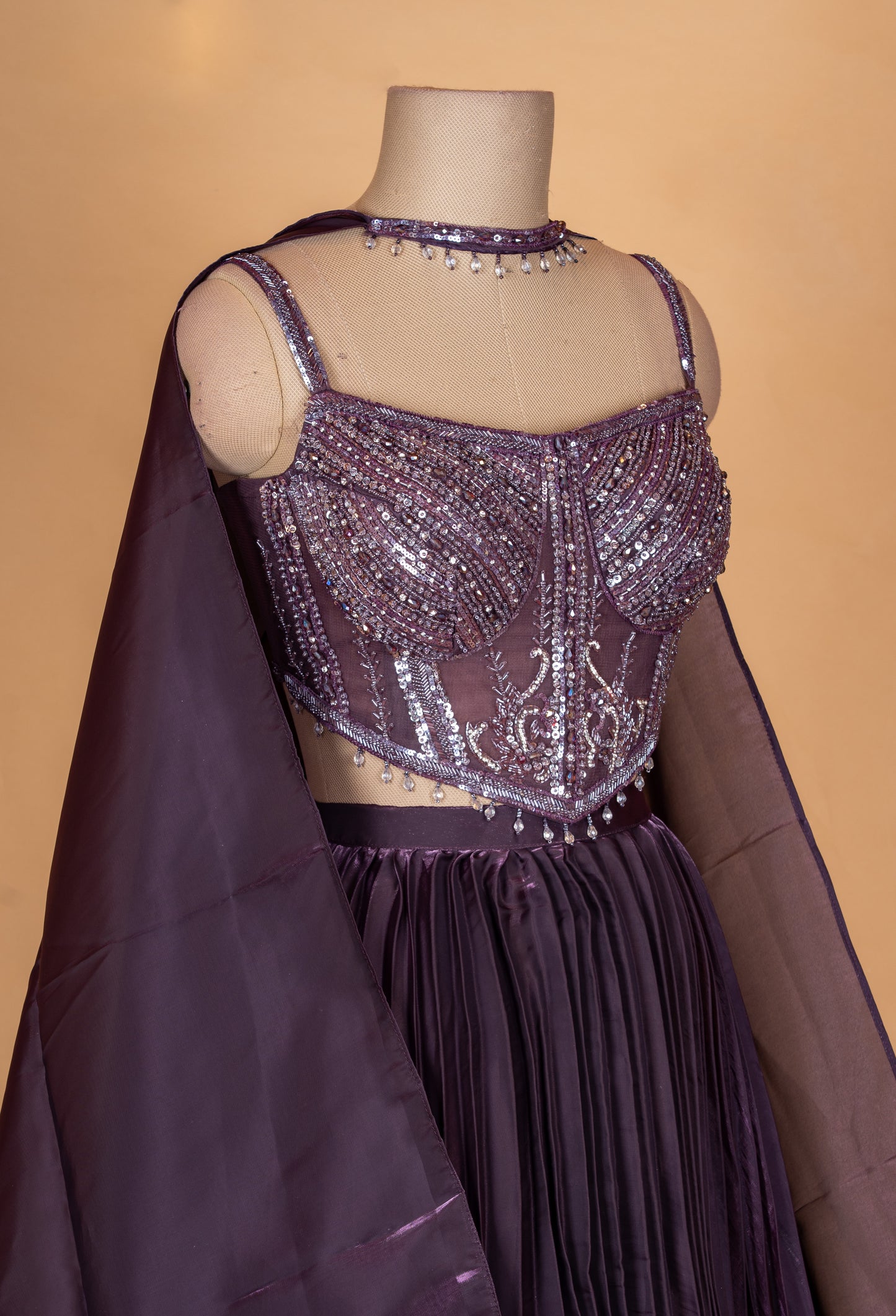 Deep Plum Embellished Crop Top Lehenga Set with Cape Sleeves