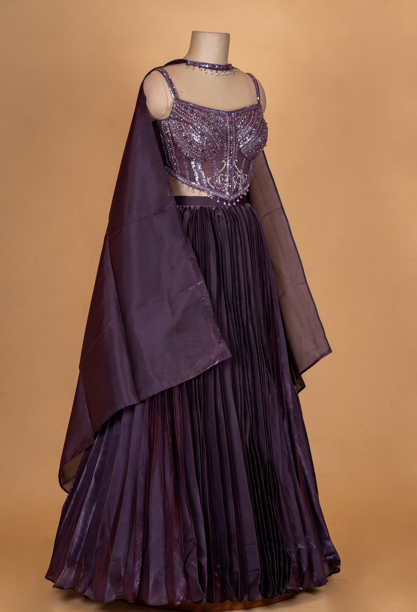 Deep Plum Embellished Crop Top Lehenga Set with Cape Sleeves
