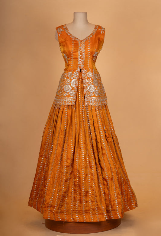 Mustard orange lehenga with embroidered blouse and flared skirt